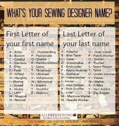 a poster with the names of different types of sewing machines on it and an image of what's your sewing designer name?