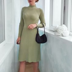 FREE SHIPPING Women Turtleneck Slim Long Sweater Dress L0253 Spring Ribbed A-line Sweater Dress, Casual A-line Ribbed Midi Dress, Winter Long Sleeve Solid Color Dresses, Long Sleeve Solid Color Winter Dresses, Non-stretch Long Sleeve Sweater Dress, Casual Solid Long Sleeve Dress For Winter, Casual Long Sleeve Dress For Winter, Green Stretch Dresses For Winter, Casual Long Sleeve Dress For Fall