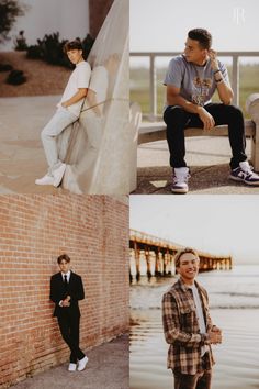 four different shots of young men sitting on benches and posing for the camera with their hands in their pockets