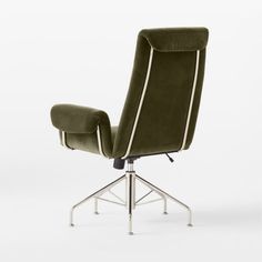 an office chair with a green velvet upholstered seat and chrome base, viewed from the front