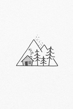 a drawing of a cabin in the woods with mountains and trees behind it, on a white background