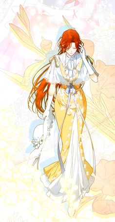 an anime character with long red hair and white dress