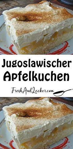 this is an image of two pieces of cake on a plate with the words jugosslawischer appelkuchen