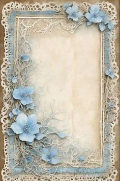 an old photo frame with blue flowers and lace on the edges, in front of a brown background