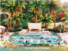 an image of a float - in cinema with palm trees and boats on the water