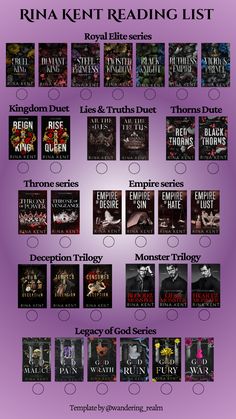 a purple poster with many different books on it and the names of them in black