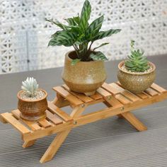 three potted plants are sitting on a wooden stand