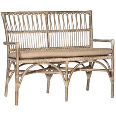 a bench made out of wood and wicker with a cushion on the backrest