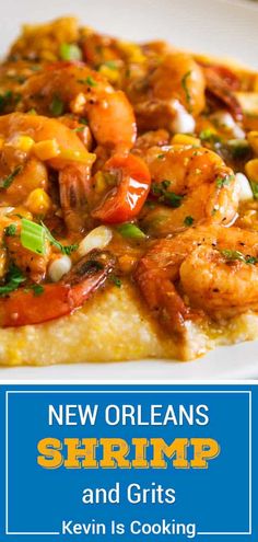 shrimp and grits on pole with text overlay new orleans shrimp and grits