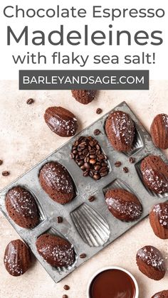 chocolate espresso madeleines with flaky sea salt in a muffin pan