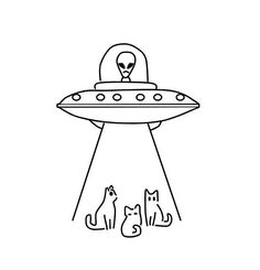 an alien ship with two cats and a dog in the foreground, on a white background