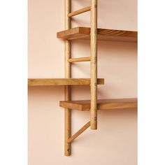 a wooden shelf with three shelves on each side and one has a ladder in the middle