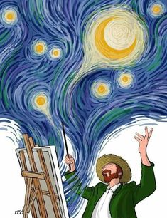 a man holding an easel while standing in front of a starry night sky