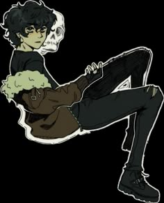 a drawing of a person sitting on the ground with a skull in his lap and black pants