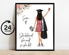 a black and white graduation card with a girl in a red dress