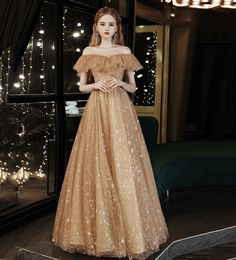 Gold Evening Dress, Prom Dress Gold, Off Shoulder Tulle, Tulle Long Prom Dress, Gold Tulle, Champagne Prom Dress, Gold Evening Dresses, A Line Evening Dress, Lace Formal Dress