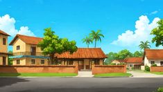 an artist's rendering of a street with houses and palm trees in the background