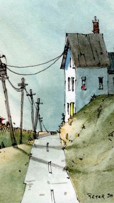 a drawing of a house sitting on top of a hill next to power lines and telephone poles