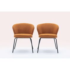 two chairs with black legs and orange upholstered seat, one in the shape of a