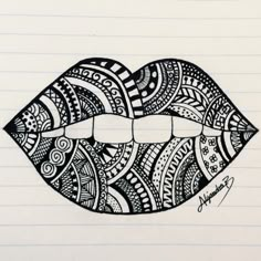 a black and white drawing of a woman's lips with decorative patterns on them