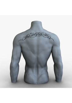 the back of a man's body with tattoos on his chest and shoulder, which reads