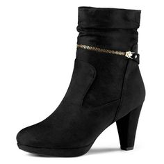 This high ankle boots featuring a chunky heel, round toe style finished with zipper closure for a bit of eye - catching movement every time you take a step.Round Toe Side Zip Booties;Slouchy Shaft Style;Ankle High Stylish Women Boots;Vamp: Faux Suede; Outsole: Rubber; Heel: ABS;Heel Height: 3 3/8 inches;Platform Height: 3/5 inches;Shaft Height: 6 1/9 inches. Chunky Heel Ankle Boots, Black High Heel Boots, High Ankle Boots, Womens Chunky Heels, Stylish Boots, Platform High Heels, Black High Heels, Calf Boots, Mid Calf Boots