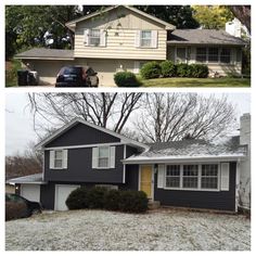 before and after photos of a house in the winter, with snow on the ground