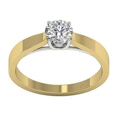 a yellow gold engagement ring with a round brilliant diamond in the center, on a white background