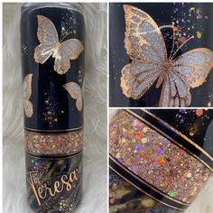 a black and gold glitter tumbler with a butterfly on the side, and two images of it