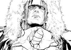 a black and white drawing of a man in a fur hat holding his hand out