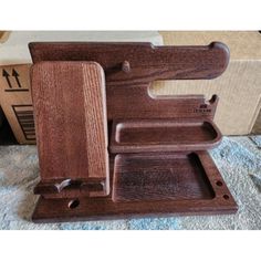 a wooden cutting board and knife holder