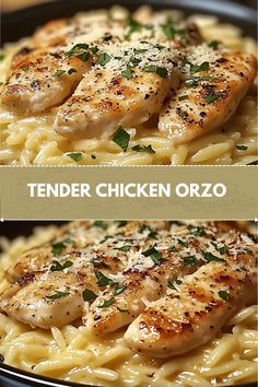 two pictures of chicken and pasta with parmesan cheese