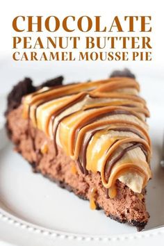 a piece of chocolate peanut butter caramel mouse pie