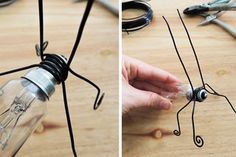 two pictures showing how to make an insect lamp