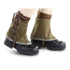 "Genuine italian army canvas gaiters Featuring an elastic cuff at the top and leather at the bottom With the one-size-fits-most design you can use these gaiters on just about every type of shoe or boot that you have. Made of very thick canvas, steel hooks, thick laces, nylon understrap and a little hook at the front to attach to the boot lace Condition: NEW Shipping to United states, Canada, Europe * Economy shipping Shipping time : 7-21 working days or sometime more * Standard shipping with tra Military Style Leather Boots For Outdoor Activities, Durable Military Boots For Hiking, Khaki Combat Boots For Outdoor Activities, Military Leather Hiking Boots, Khaki Combat Boots For Outdoor Work, Military Style Khaki Boots For Outdoor Work, Khaki Military Boots For Outdoor Work, Khaki Winter Hiking Boots, Winter Hiking Boots In Khaki