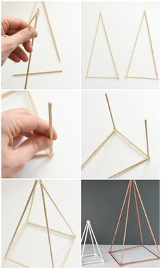 four different angles of an object made out of wood sticks and metal dows, with one being bent over the other