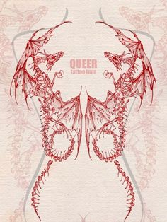 a drawing of two red dragon wings on top of a white paper with the words queen written