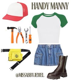 an image of a man's clothes and accessories on display with the words handy manny