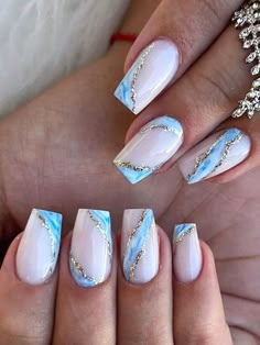 1 Nails Bleu Pastel, Idea For Nails Design, Nails Feuille D’or, Nail Court, Nail Art Feuille D'or, Nail Art French Tip Designs, Ongles Blanc Laiteux Nail Art, Idee Nail Art, Ongles Nail Art