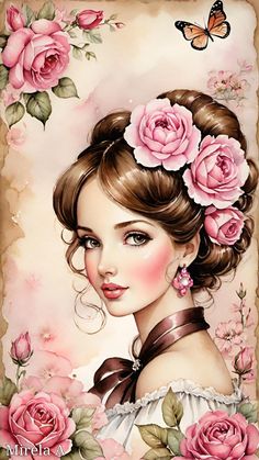 a painting of a woman with pink roses in her hair and butterfly on her shoulder