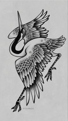 a black and white drawing of a bird on a branch with an arrow in it's beak