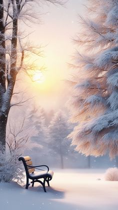 a bench sitting in the middle of a snow covered forest with sun shining through the trees