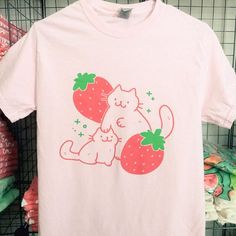 Strawberry Cat Shirt | crowlines Cute Cotton T-shirt With Funny Print, Summer Cotton T-shirt With Cat Print, Casual Short Sleeve Shirt With Cat Print, Trendy Cotton Shirt With Cartoon Print, Fun Short Sleeve T-shirt With Cat Print, Summer Cotton T-shirt With Cat Design, White Cotton Shirt With Cat Design, Funny Cotton T-shirt With Cartoon Print, Casual Cat Design Short Sleeve Shirt