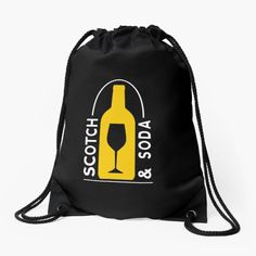 a black drawsack bag with a yellow and white logo on the front that says, scott soda & amp