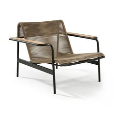 a chair that is made out of wood and metal, with a tan seat cushion