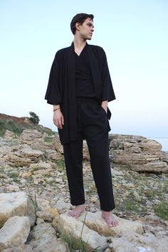 "Short kimono robe made of linen (+ 20% cotton fiber) Very soft material, the fabric contains cotton fibers, so this material is much softer than regular linen, and also less wrinkled. Comfortable to wear, free size. Great to wear both at home and out. Can wear as a jacket. * if the kimono of the length and color that you need is not available, write me a message and I will make one more kimono especially for you. + the pants that you can see on the photos are also available for order, if you wa Black Kimono Outfit Men, Man Kimono, Artist Identity, Kimono Set, Short Kimono Robe, Linen Kimono, Kimono Japan, Linen Robe, Kimono Japanese