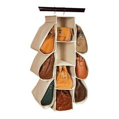 a hanging purse organizer with multiple compartments