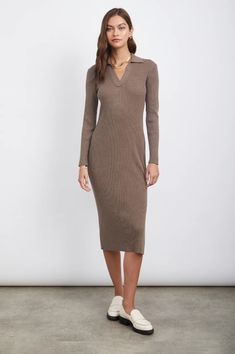 Rails has entered their cool girl era. A fitted ribbed dress gets refined with long sleeves and a polo style neckline. Ribbed Long Dress, Grow Cotton, Rib Knit Dress, Silhouette Dress, Rib Knit Fabric, Cotton Farming, Ribbed Knit Dress, Cozy Pullover, One Clothing