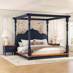 a bedroom with a four poster bed and blue furniture