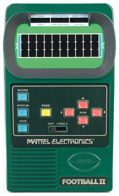 an electronic football game is shown on the white background with green and red buttons,